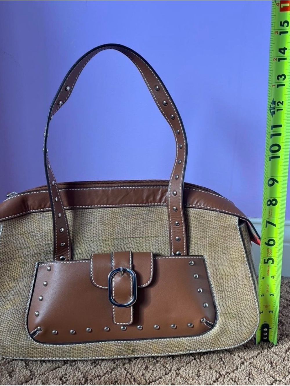 Sharif Tan multicolor reptile silver studded shoulder handbag purse